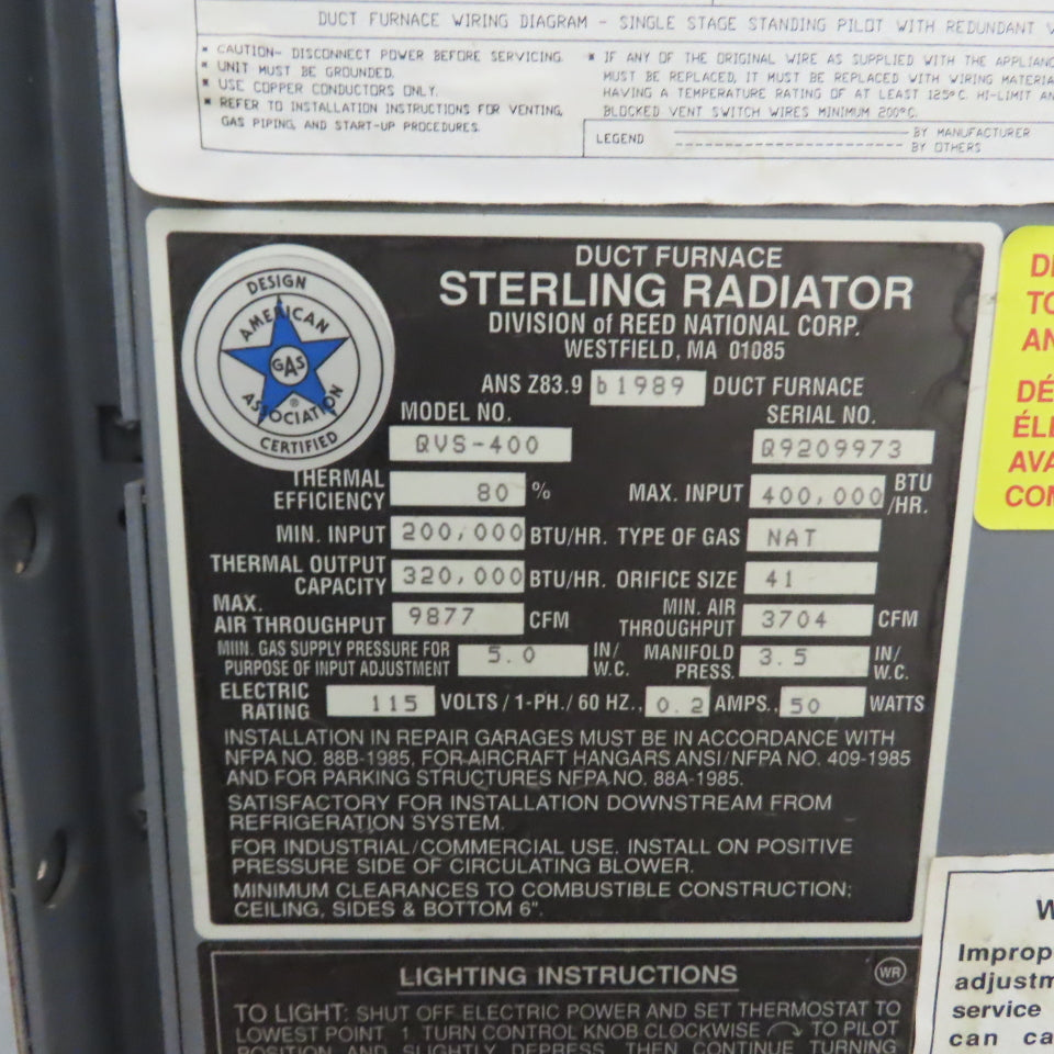 Sterling QVS-400 400,000 BTU Natural Gas Indoor Duct Furnace 115V 1Ph