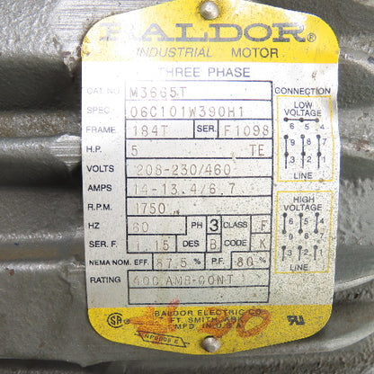 Baldor M3665T 5HP AC Electric Motor 230/460V 3Ph 184T Frame 1750RPM