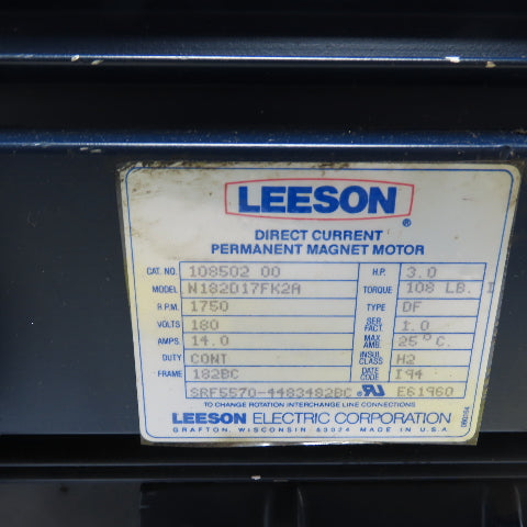 Leeson N182D17FK2A 3HP Permanent Magnet DC Motor 180V 1750RPM 182BC Frame