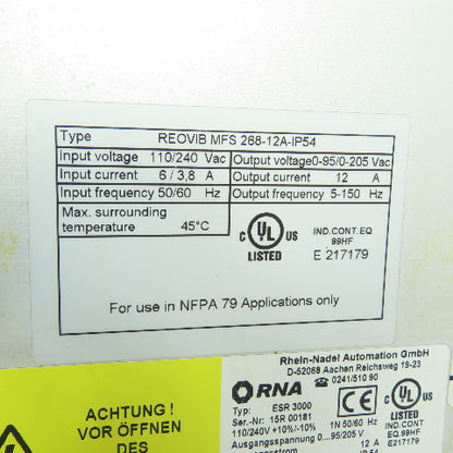 RNA REOVIB MFS 268-12A-IP54 ESR 3000/12 Vibrating Feeder Frequency Converter