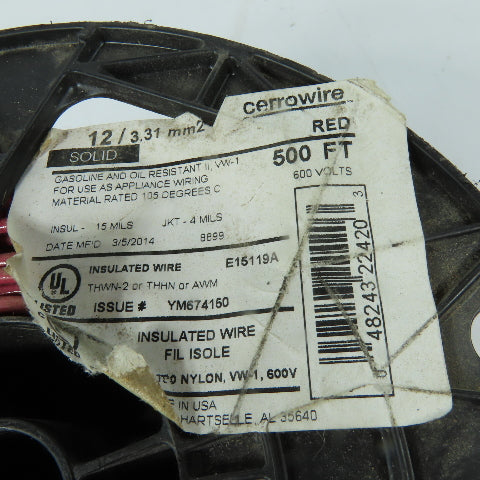 Cerrowire 12 AWG THHN THWN-2 Solid Electrical Wire Red 400'