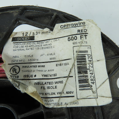 Cerrowire 12 AWG THHN THWN-2 Solid Electrical Wire Red 400'