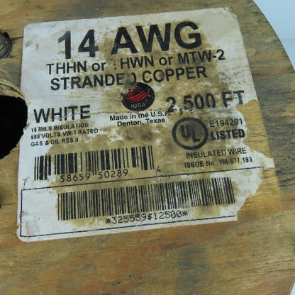 14AWG THHN White Stranded Copper Electrical Wire 600V 1400'