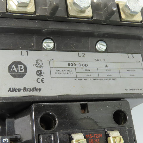 Allen-Bradley 509-DOD 90A Size 3 Magnetic Motor Starter 120V Coil (See Photos)