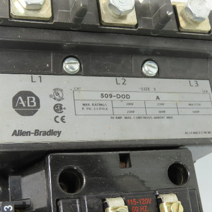 Allen-Bradley 509-DOD 90A Size 3 Magnetic Motor Starter 120V Coil (See Photos)