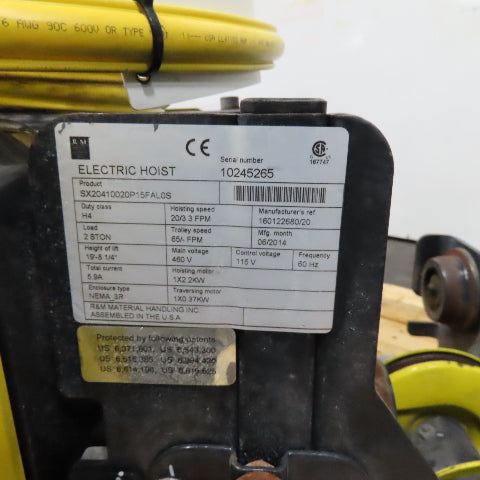 R&M Space Master 2 Ton Capacity 20/3.2FPM 2 Speed Wire Rope Hoist 20' Lift 480V