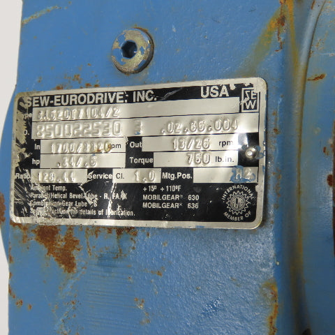 SEW-Eurodrive SA62DT71D4/2 Hollow Shaft Gear Motor 0.5HP 460V 3Ph 128.44:1 Ratio