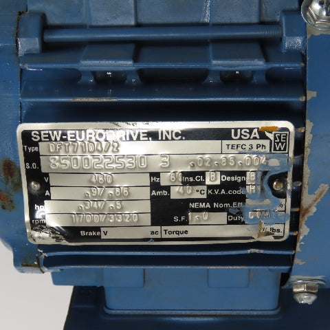 SEW-Eurodrive SA62DT71D4/2 Hollow Shaft Gear Motor 0.5HP 460V 3Ph 128.44:1 Ratio