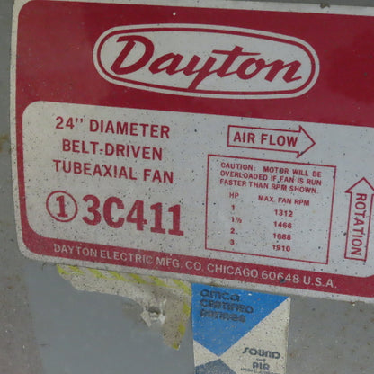 Dayton 3C411 24" Belt Driven Tubeaxial Fan 3Hp 208-230/460V