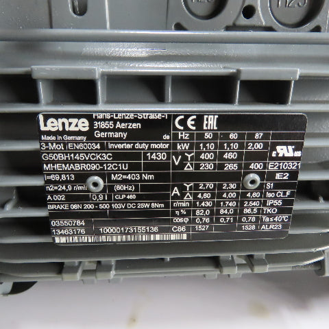 Lenze MHEMABR090-12C1U G50BH145VCK3C i=69.813 Ratio Gearmotor 1.1kW 460V 24.9RPM