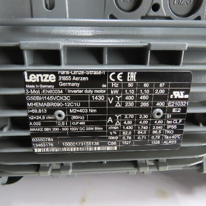 Lenze MHEMABR090-12C1U G50BH145VCK3C i=69.813 Ratio Gearmotor 1.1kW 460V 24.9RPM