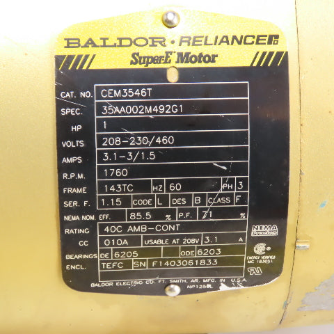 Baldor CEM3546T 1HP AC Electric Motor 230/460V 3Ph 1760RPM 143TC Frame