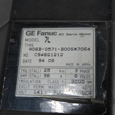 GE Fanuc A06B-0571-B006#7064 AC Servo Motor 141V 3000RPM 25Nm 38A