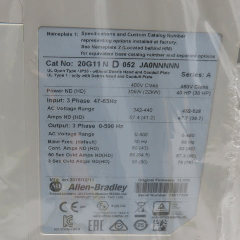 Allen Bradley 20G11ND052JA0NNNNN AC Drive 342-440/480V 40Hp 0-400VAC Output
