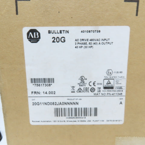 Allen Bradley 20G11ND052JA0NNNNN AC Drive 342-440/480V 40Hp 0-400VAC Output