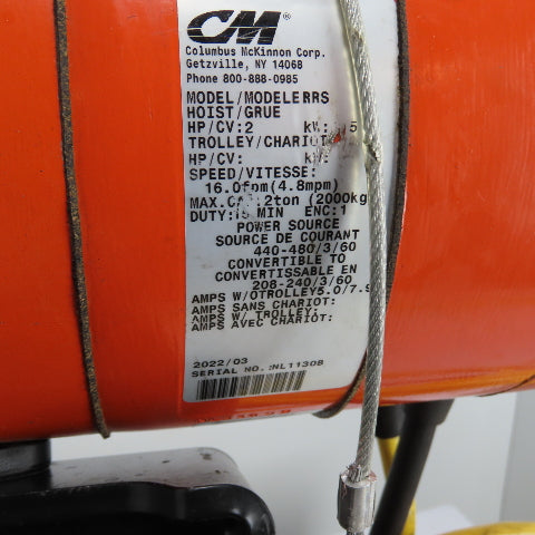 CM Lodestar Model RRS 2Ton 4000LB Electric Chain Hoist 20'Lift 16FPM 230/460 3Ph
