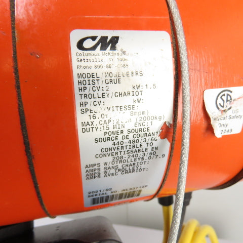 CM Lodestar Model RRS 2Ton 4000LB Electric Chain Hoist 20'Lift 16FPM 230/460 3Ph