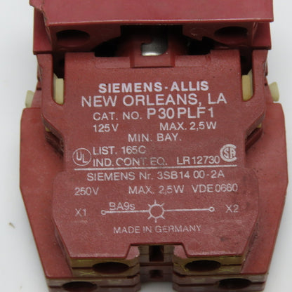 Siemens-Allis P30PLF1 Red Illuminated Momentary Contact Push Button