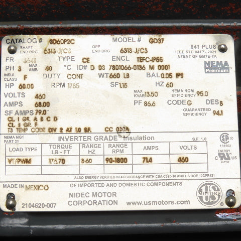 US Motors 8D60P2C GD37 60HP Electric Motor 460V 1785RPM 3Ph 364T Frame
