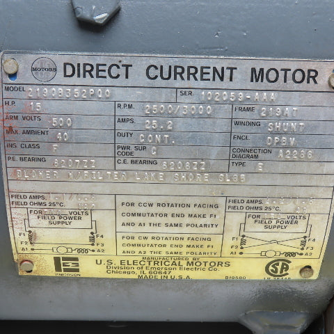 U.S. Motors 2190B352P00 15HP DC Electric Motor 500V 2500/3000RPM 219AT Frame