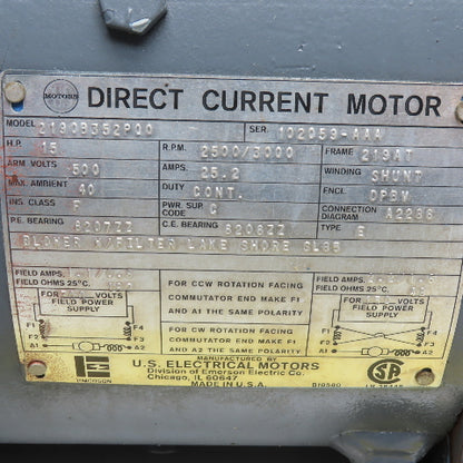 U.S. Motors 2190B352P00 15HP DC Electric Motor 500V 2500/3000RPM 219AT Frame