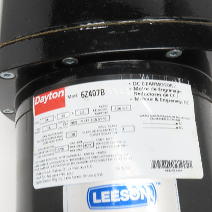 Dayton 6Z407B 1/4HP DC Gearmotor 90V 14RPM 130.8:1 Ratio 48Y Frame