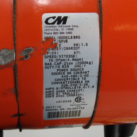 CM Lodestar Model RRS 2Ton 4000LB Electric Chain Hoist 20'Lift 16FPM 230/460 3Ph