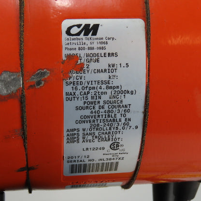 CM Lodestar Model RRS 2Ton 4000LB Electric Chain Hoist 20'Lift 16FPM 230/460 3Ph
