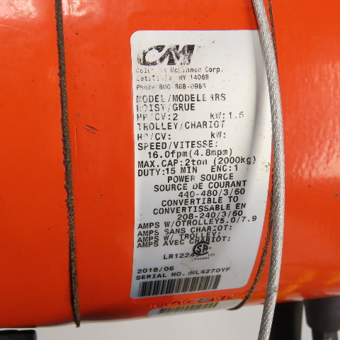 CM Lodestar Model RRS 2Ton 4000LB Electric Chain Hoist 20'Lift 16FPM 230/460 3Ph