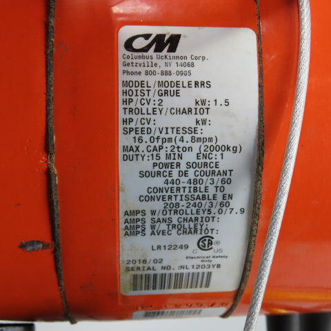 CM Lodestar Model RRS 2Ton 4000LB Electric Chain Hoist 20'Lift 16FPM 230/460 3Ph