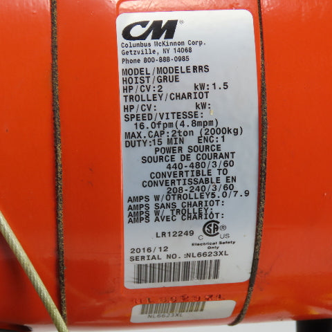 CM Lodestar Model RRS 2Ton 4000LB Electric Chain Hoist 20'Lift 16FPM 230/460 3Ph