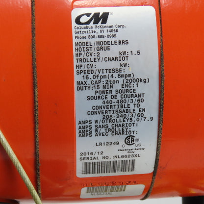 CM Lodestar Model RRS 2Ton 4000LB Electric Chain Hoist 20'Lift 16FPM 230/460 3Ph