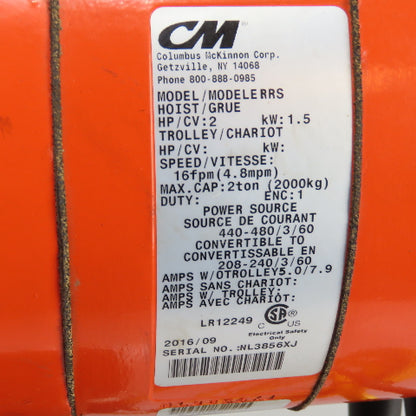 CM Lodestar Model RRS 2Ton 4000LB Electric Chain Hoist 20'Lift 16FPM 230/460 3Ph