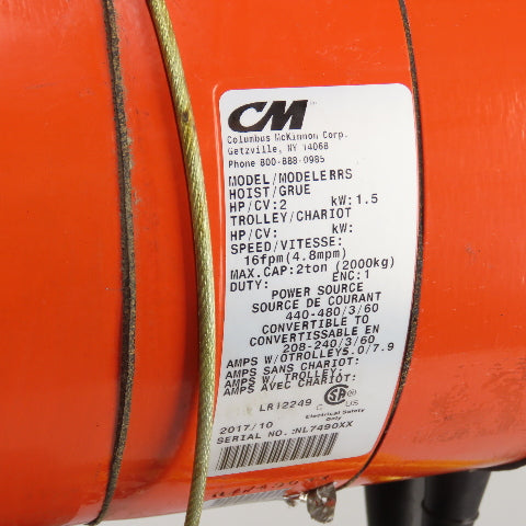 CM Lodestar Model RRS 2Ton 4000LB Electric Chain Hoist 20'Lift 16FPM 230/460 3Ph