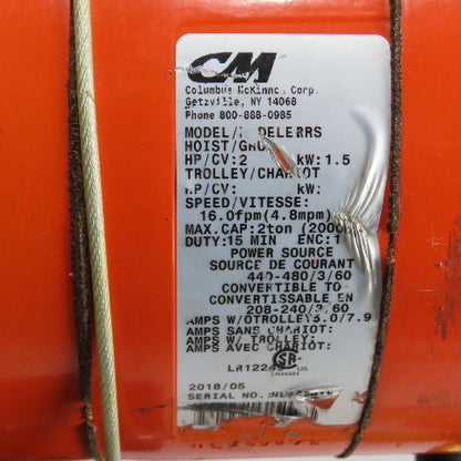 CM Lodestar Model RRS 2Ton 4000LB Electric Chain Hoist 20'Lift 16FPM 230/460 3Ph
