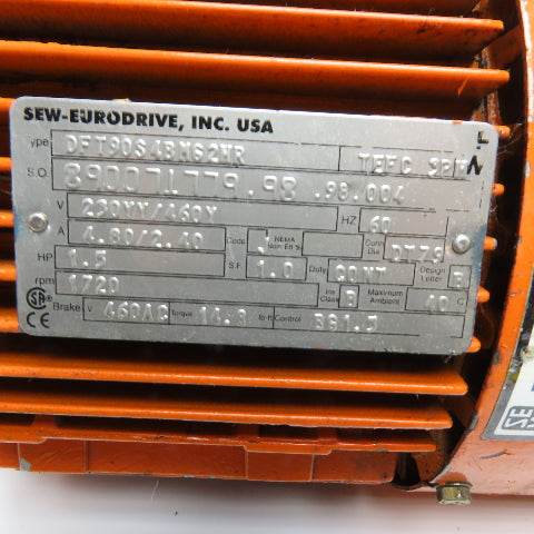 SEW-Eurodrive DFT90S4BMG2HR 1.5HP AC Brake Motor 230/460V 1720RPM