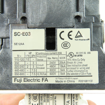 Fuji Electric SC-E03 Magnetic Contactor 110/120V Coil 20A 600V 3Ph W/ SZ-A20/T