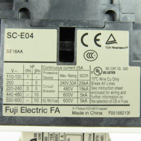 Fuji Electric SC-E04 Magnetic Contactor 110/120V Coil 25A 600V 3Ph W/ SZ-A11/T