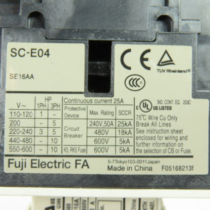 Fuji Electric SC-E04 Magnetic Contactor 110/120V Coil 25A 600V 3Ph W/ SZ-A11/T