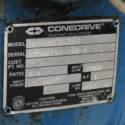 Cone Drive HU40B362-1 4:1 Gear Box Speed Reducer 13.80 Input HP 2700 RPM