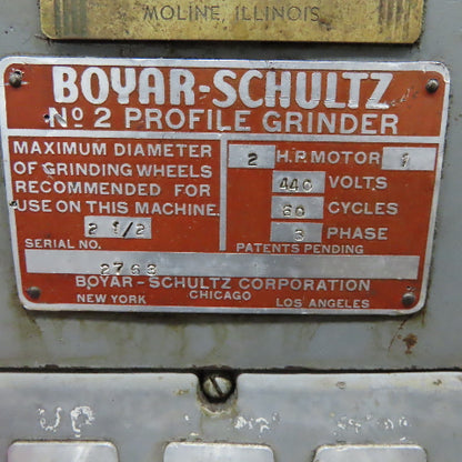 Boyar Schultz No. 2 Dual Spindle Profile Grinder 2Hp 480V 3Ph