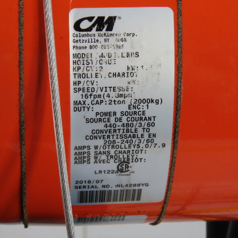 CM Lodestar Model RRS 2Ton 4000LB Electric Chain Hoist 20'Lift 16FPM 230/460 3Ph