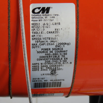 CM Lodestar Model RRS 2Ton 4000LB Electric Chain Hoist 20'Lift 16FPM 230/460 3Ph