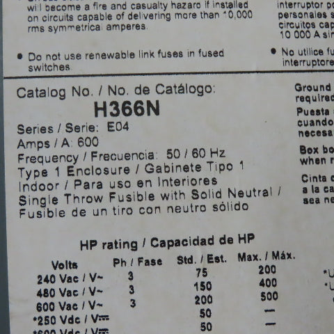 Square D H366N 600A Type 1 Fused Safety Electrical Disconnect 600VAC 300VDC