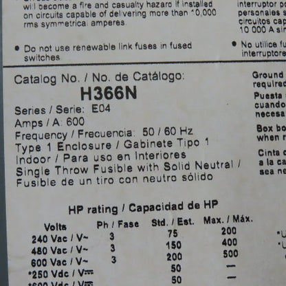 Square D H366N 600A Type 1 Fused Safety Electrical Disconnect 600VAC 300VDC