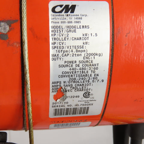 CM Lodestar Model RRS 2Ton 4000LB Electric Chain Hoist 20'Lift 16FPM 230/460 3Ph