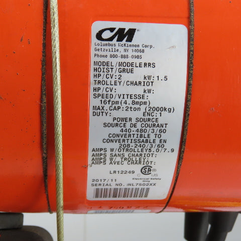 CM Lodestar Model RRS 2Ton 4000LB Electric Chain Hoist 20'Lift 16FPM 230/460 3Ph