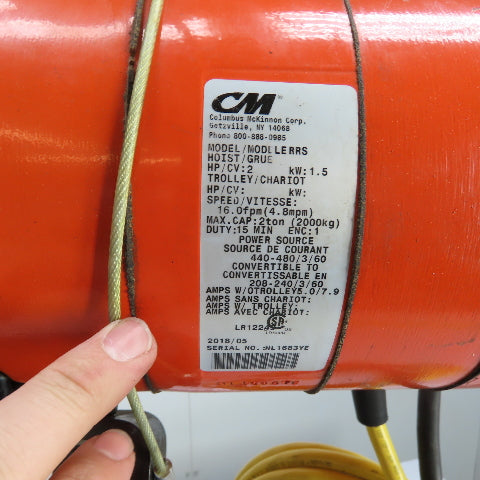 CM Lodestar Model RRS 2Ton 4000LB Electric Chain Hoist 20'Lift 16FPM 230/460 3Ph