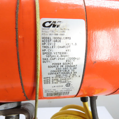 CM Lodestar Model RRS 2Ton 4000LB Electric Chain Hoist 20'Lift 16FPM 230/460 3Ph