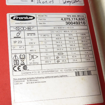 Fronius TPS 400i /MV/nc Multivoltage Welding Power Source 400A 3Ph 230V/460V
